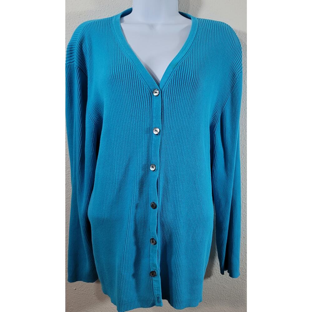 Teal Blue Ribbed Button Up Cardigan Sweater XL Lightweight V Neck Long Sleeves